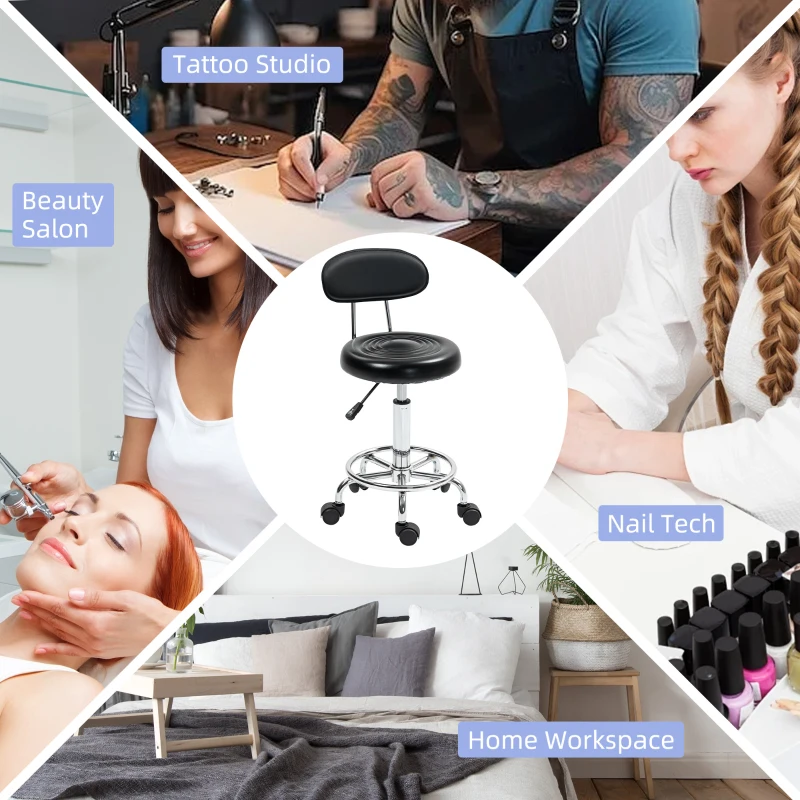 HOMCOM Rolkruk, draaibare en verstelbare kruk met rugleuning, kunstleren bekleding, voetensteun, voor kapperstafels, Zwart(m-8)