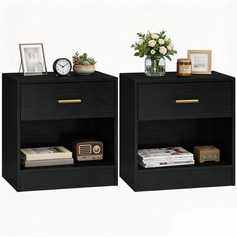 HOMCOM Set 2 Mesitas Modernas de Madera con Cajón y Balda Abierta, 39x28x41 cm, Negro