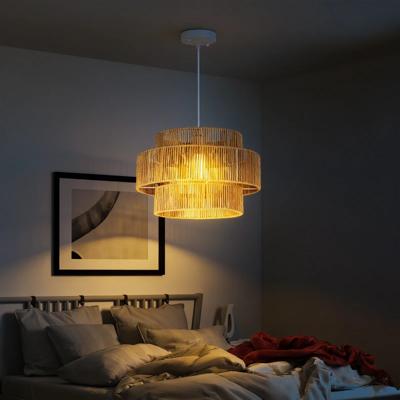 HOMCOM Hanglamp, Drielaags Lampenkap, Metaal, Henneptouw, Lichtbruin