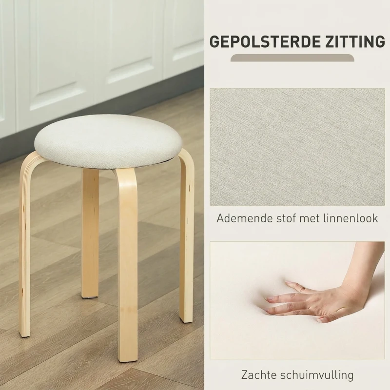 HOMCOM Gepolsterde Krukken in een 4-pack, stapelbaar, gelakt oppervlak, houten poten, Crèmewit(m-5)