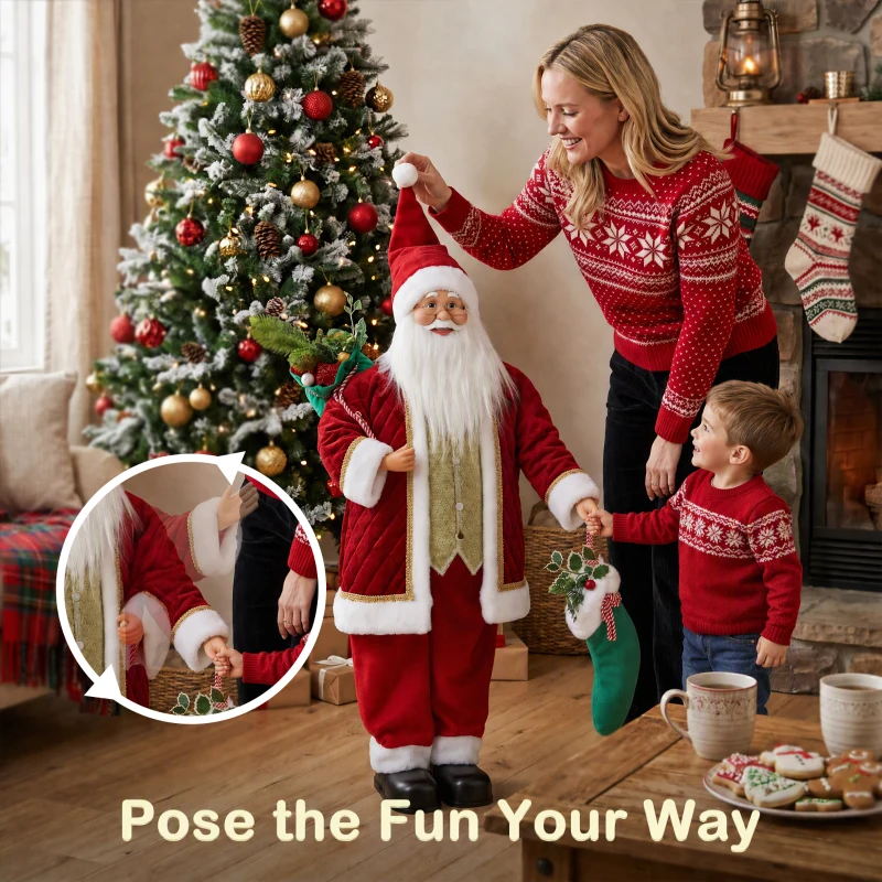 HOMCOM 4ft Life Size Singing Moving Santa Claus, 120 cm Standing Musical Animated Santa with Stocking, Sack, Posable Arms, Handcrafted, Sound Touch Activated, Moving Christmas Figure Decor