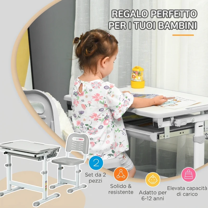 HOMCOM Banco Scuola per Bambini 6-12 Anni con Sedia e Altezza Regolabile, Piano Inclinabile, 66x47x52-77 cm, Grigio