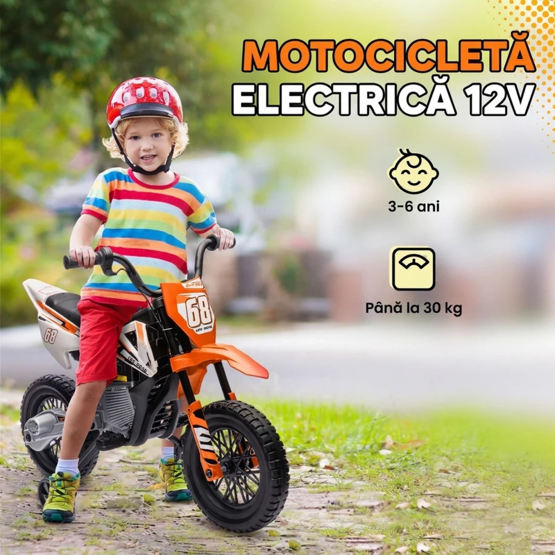 AIYAPLAY Motocicletă Electrică pentru Copii cu Roți Ajutătoare Detașabile, Suspensii, Sunete și Indicator de Încărcare, Portocalie