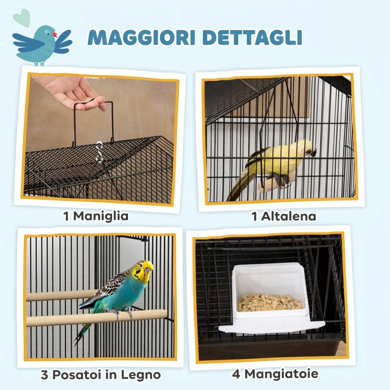 PawHut Gabbia per Uccelli con Maniglia di Trasporto e Vassoio Estraibile, in Metallo e Plastica, 50.5x41x104 cm, Nero