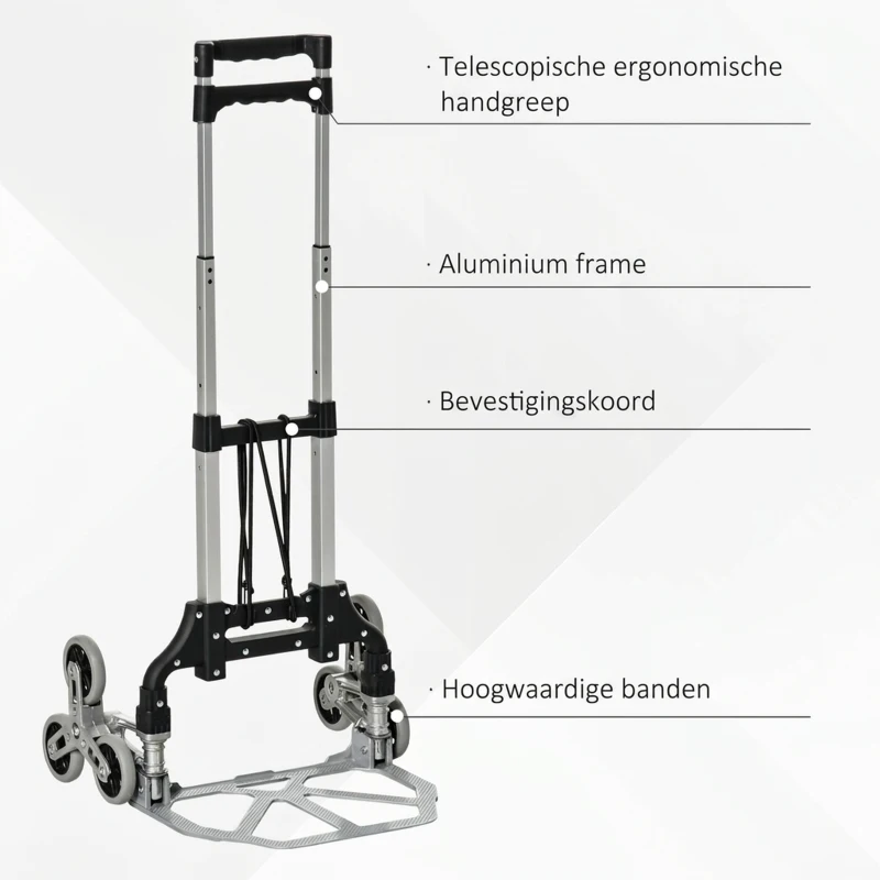 DURHAND Opvouwbare Steekwagen met 6 Wielen, inclusief Bevestigingsband, automatische Opvouwfunctie, Zilver + Zwart