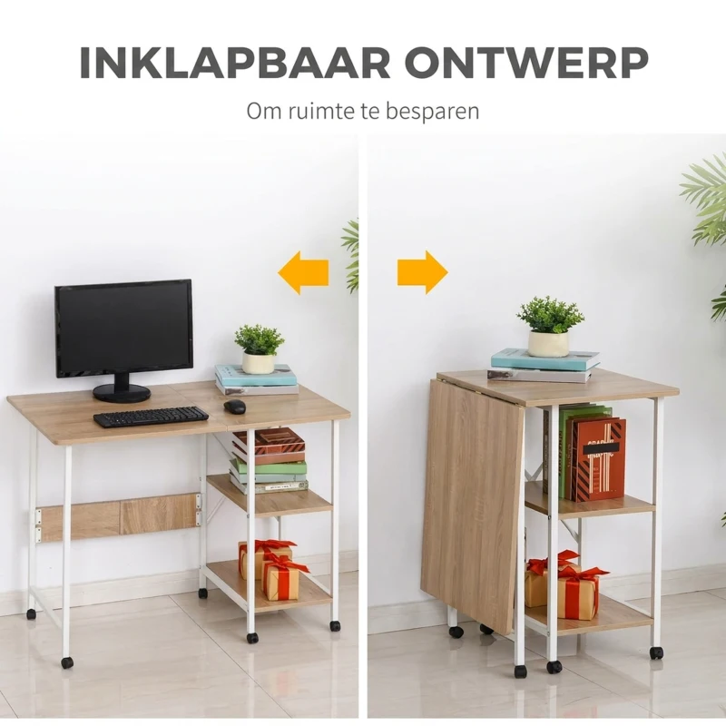 HOMCOM Klaptafel tafel bureau kantoortafel met wielen computertafel mobiel MDF natuur