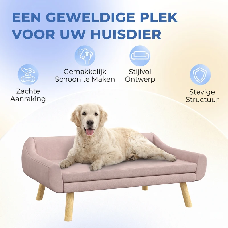PawHut Hondenbank, Scandinavisch design, met afneembare bekleding, fluweelachtige uitstraling, 102 cm x 58,5 cm x 42,5 cm, Roze + Natuurlijk(m-5)