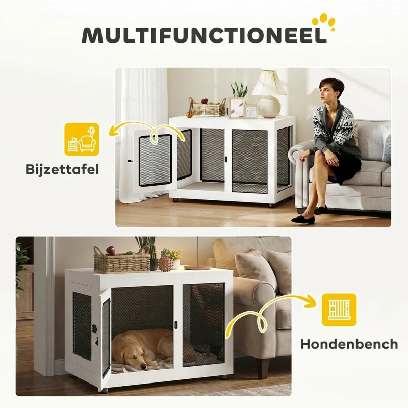 PawHut hondenkooi, dierenkooi met tafelblad, hondenhok, kennel, wit(m-5)