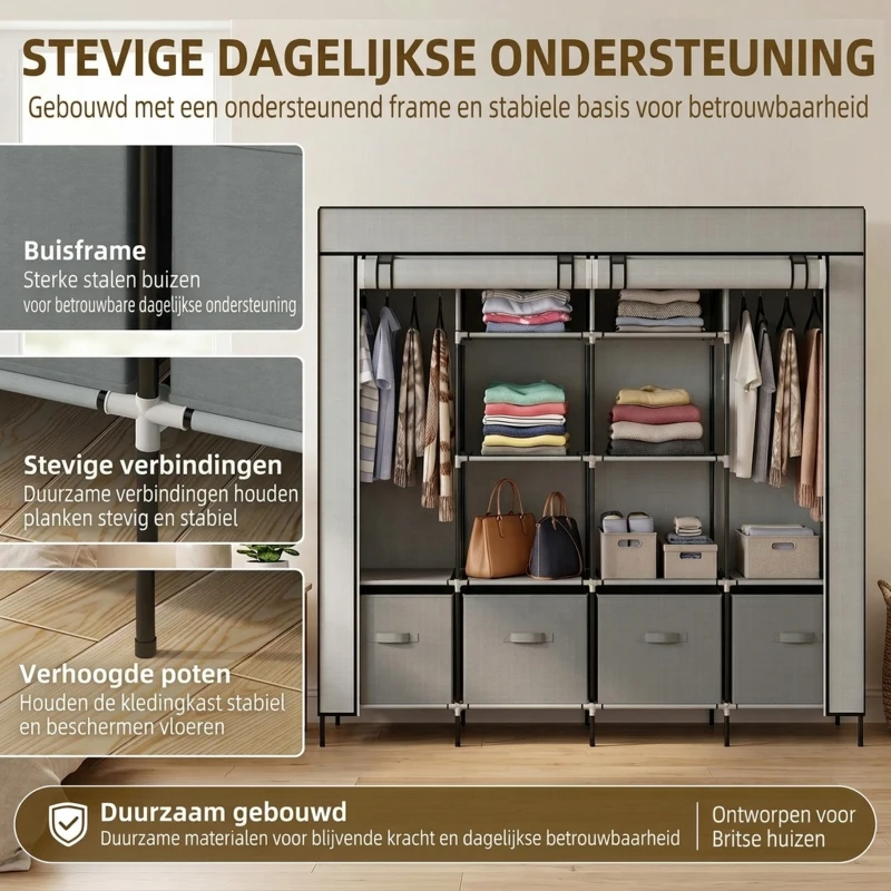 HOMCOM Kledingkast Stoffen Kast, Deuren, 2 Kledingstangen, 10 Vakken, Grijs(m-5)