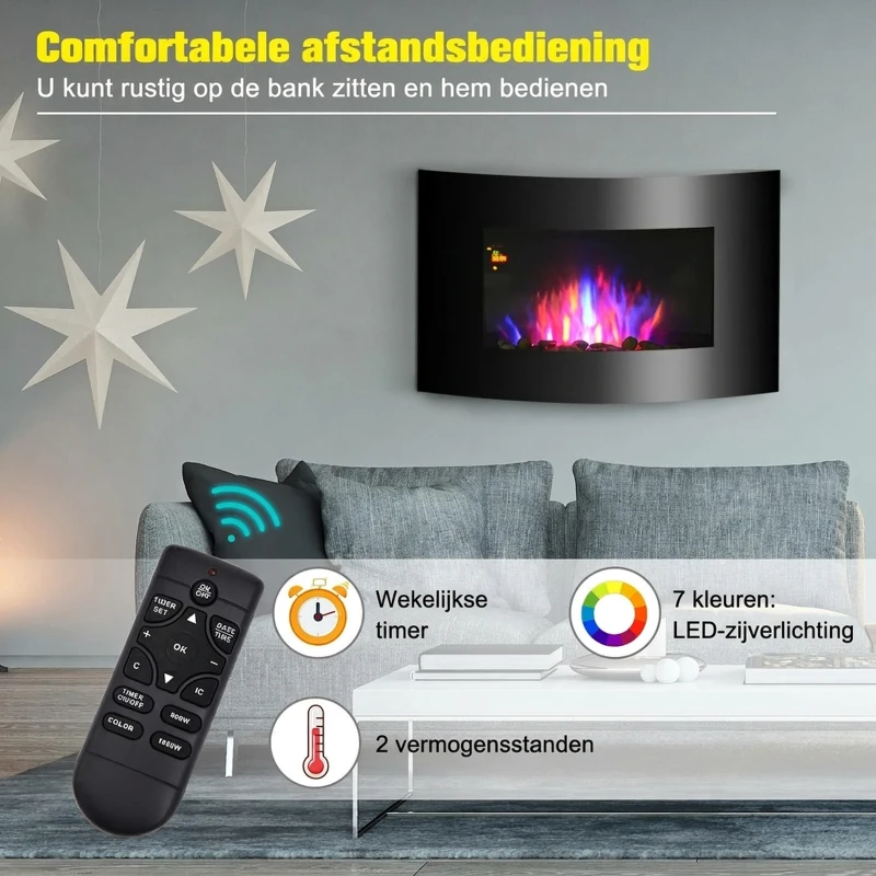 HOMCOM Elektrische kachel elektrische wandhaard haardkachel LED kiezelstenen roestvrij staal 1800 W warmte(m-4)