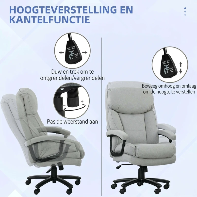 HOMCOM Grote hoge bureaustoel, 200 kg draagcapaciteit, robuuste constructie, zachte bekleding, Lichtgrijs