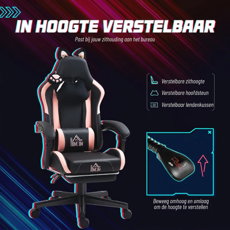 HOMCOM Gamingfauteuil met kattenoortjes, kantelbare rugleuning, uitschuifbare voetsteun, tot 120 kg, Roze/Zwart(m-5)