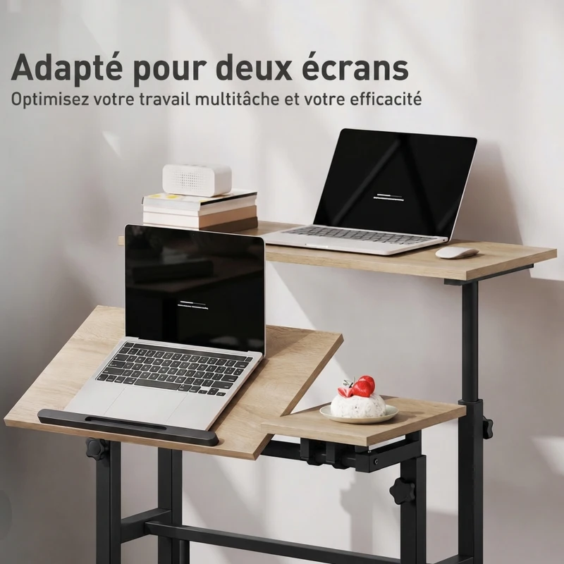 HOMCOM Bureau assis debout bureau réglable en hauteur 70 x 60 cm à roulettes avec plateau inclinable cadre en métal marron