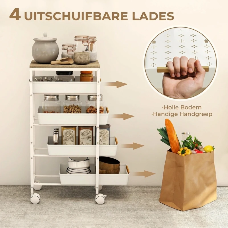HOMCOM 5-laagse Keukentrolley, Houten Uiterlijk, Rolbaar, Metalen Frame, 4 Lades, Wit