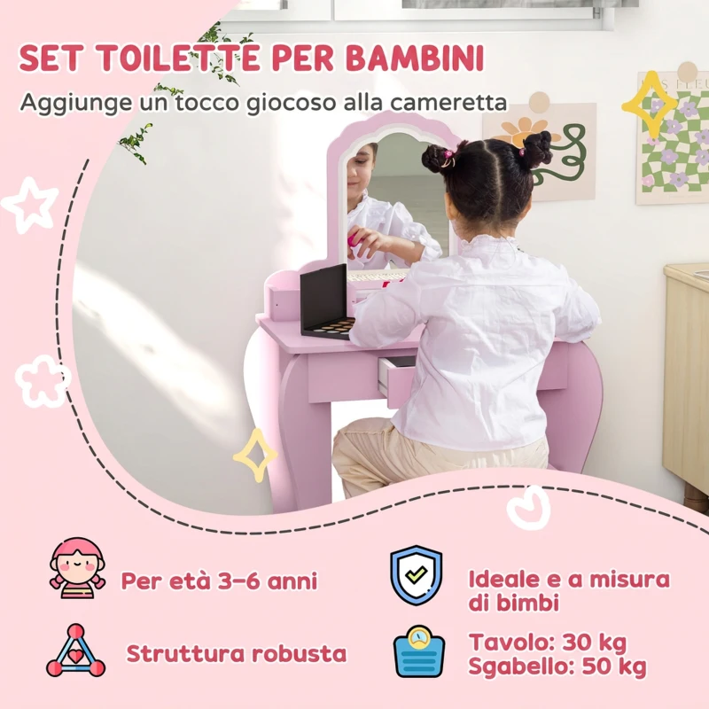 ZONEKIZ Set Toeletta per Bambina con Specchio Trucco e Sgabello Abbinato in Legno, Cassetto e Contenitori, Rosa