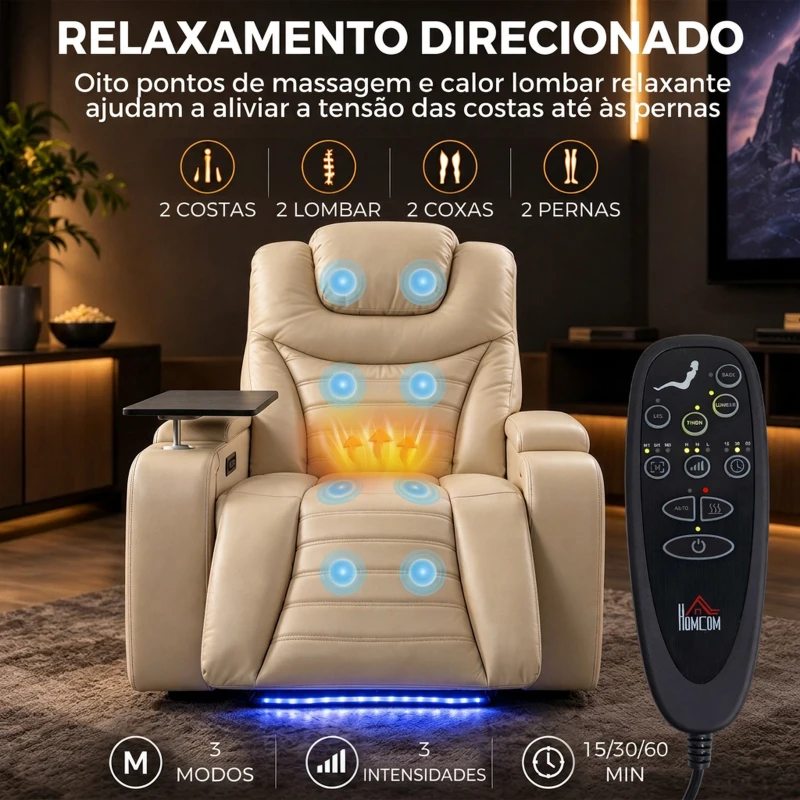 HOMCOM Cadeirão Relax Reclinável Elétrico com Aquecimento Lombar, Massagem por Vibração, Luz LED, Apoio para os Pés, USB e USB-C, Branco Creme