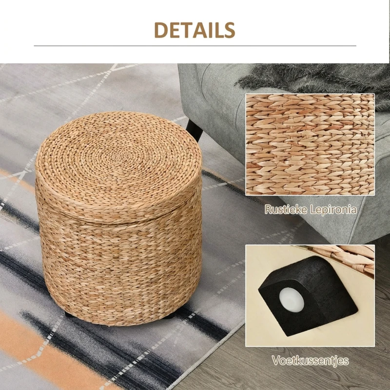 HOMCOM Poef met opbergruimte poef opbergbox stro rotan kaki(m-6)
