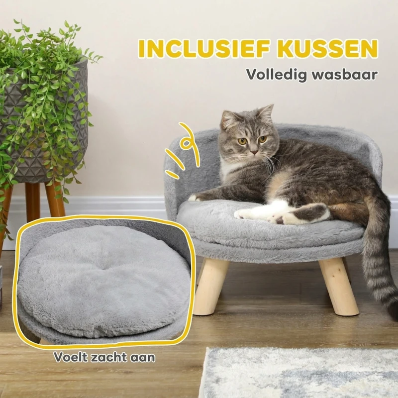 PawHut hondenbed, hondensofa met kussen, verhoogd huisdierbed, kattenbed, grijs