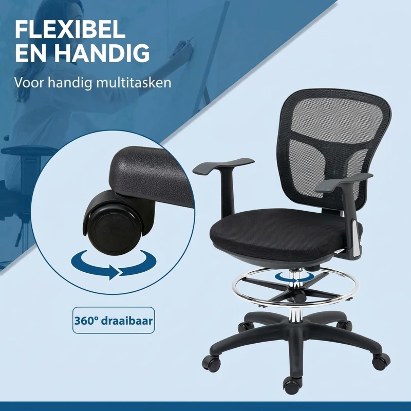Vinsetto Bureaustoel voor tekenen, computeren en werken, inclusief voetensteun, verstelbaar in hoogte, afmetingen 59 x 59 x 115 cm, zwart(m-6)
