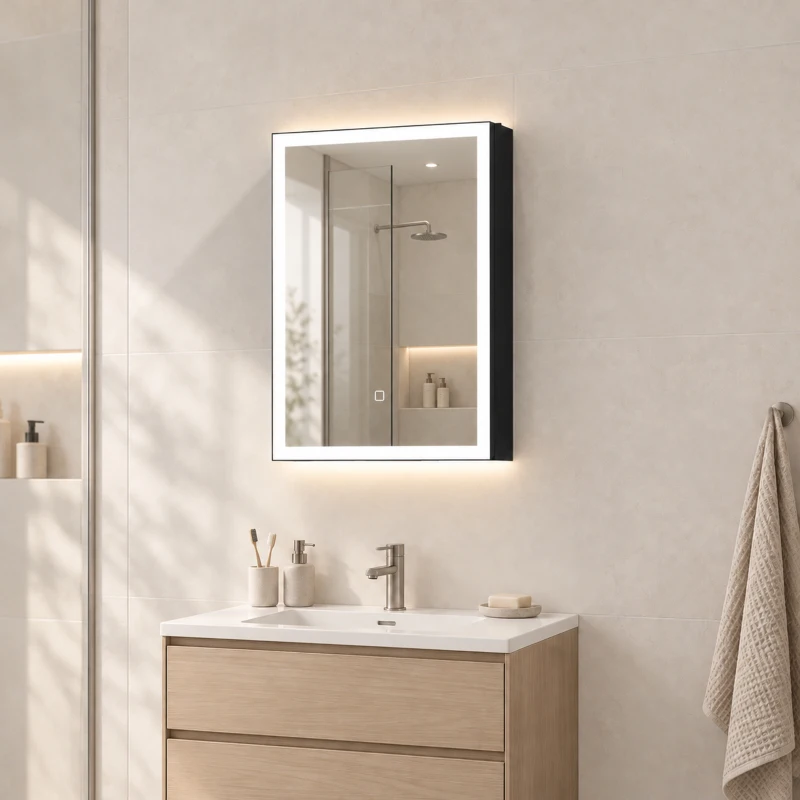 HOMCOM Armario de Baño LED con Función Antivaho Mueble de Baño de Pared Espejo Estantes 50x70 cm Negro