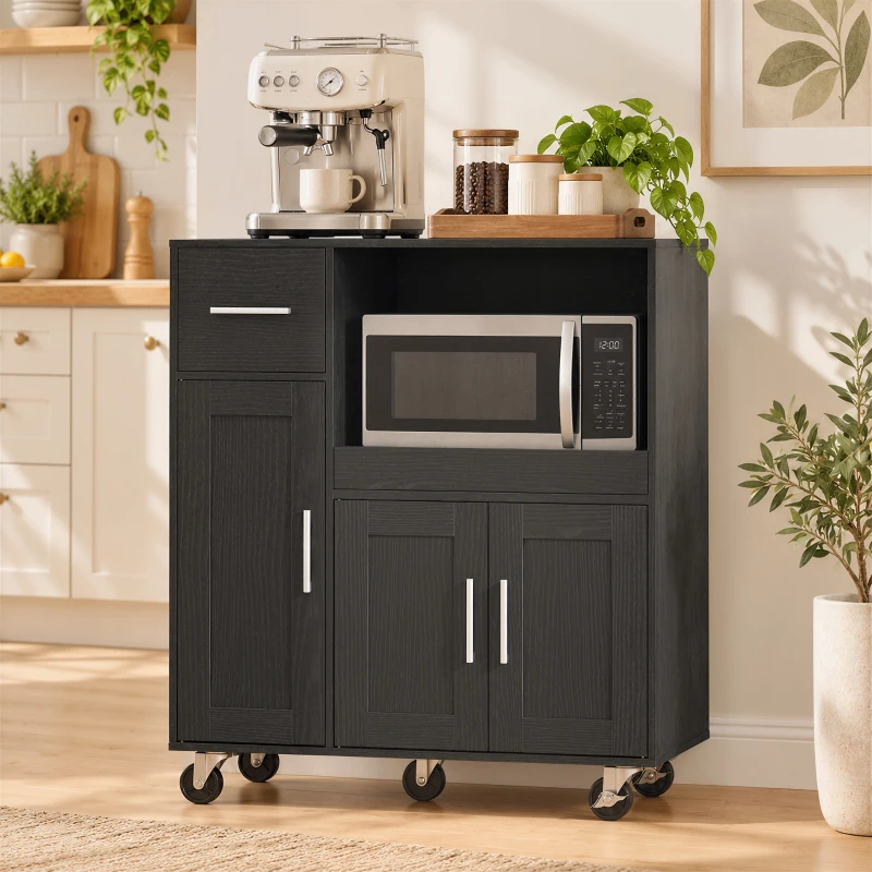 HOMCOM Mueble para Microondas de Madera con Cajón, 2 Armarios, Estante Abierto y Bandeja Regulable, 80x40x88.7 cm, Negro