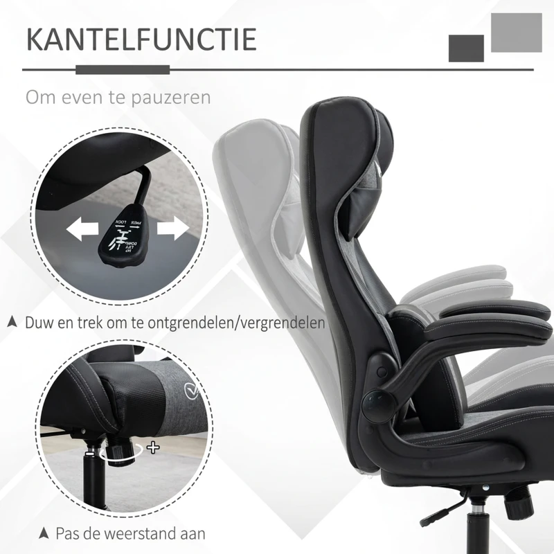 Vinsetto Gamingstoel, hoogteverstelbaar & draaibaar, Kunstlederen bekleding, opklapbare armleuningen, Zwart+Grijs(m-5)