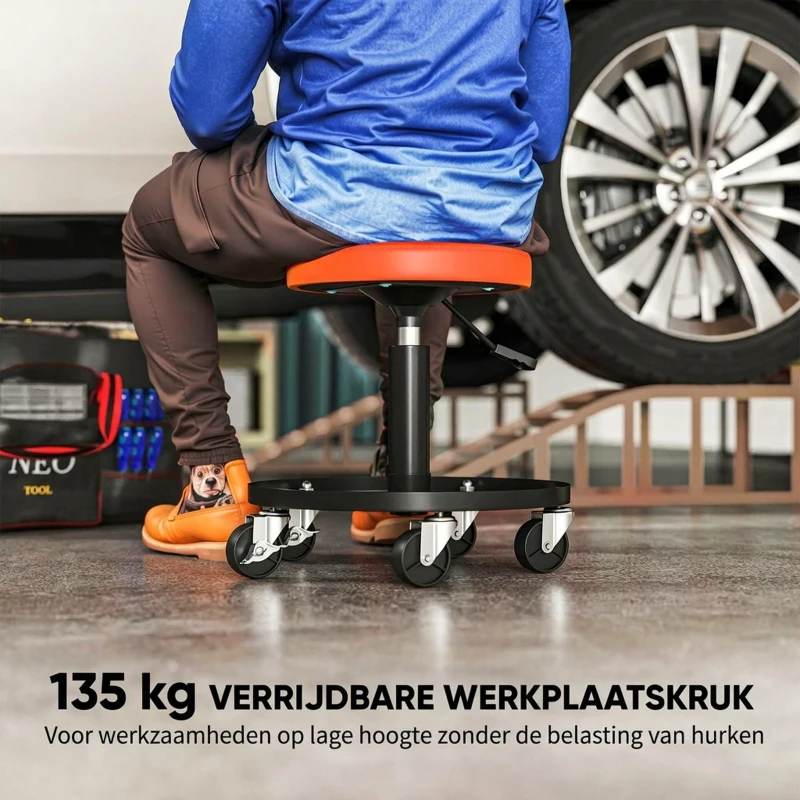 HOMCOM Werkplaatskruk op Wielen met Opbergvak en Hoogteverstelling 38-50cm tot 135 kg Belastbaar, Oranje(m-4)
