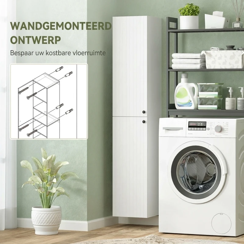 HOMCOM Wandgemonteerde badkamerkast, gelakte afwerking, 6 planken, MDF, Wit(m-4)