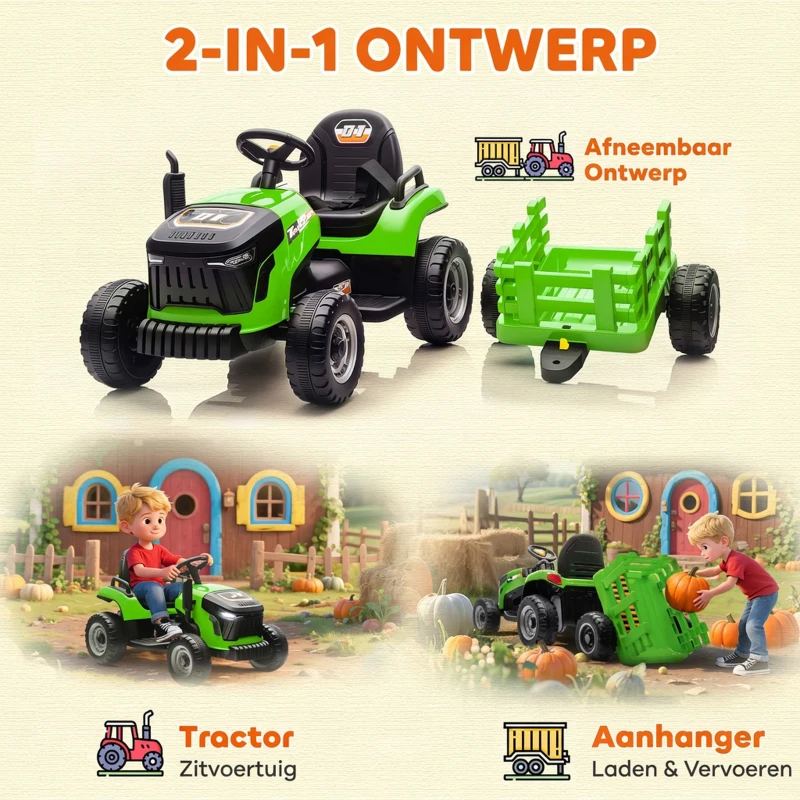 AIYAPLAY Elektrische Kindertraktor, Oprij-Traktor met Afstandsbediening, Zachte Start, voor Kinderen in de leeftijd van 3-8 Jaar, Groen