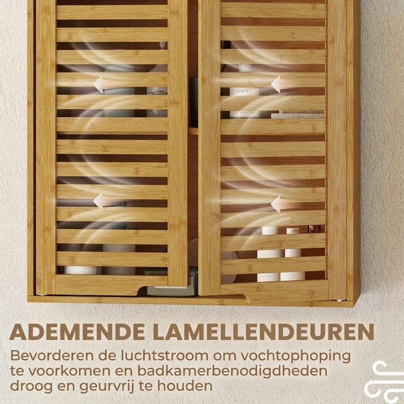 HOMCOM Badkamerwandkast Hangkast van bamboe met ademende lameldeuren, verstelbare plank 60 x 20 x 60 cm Natuurhout