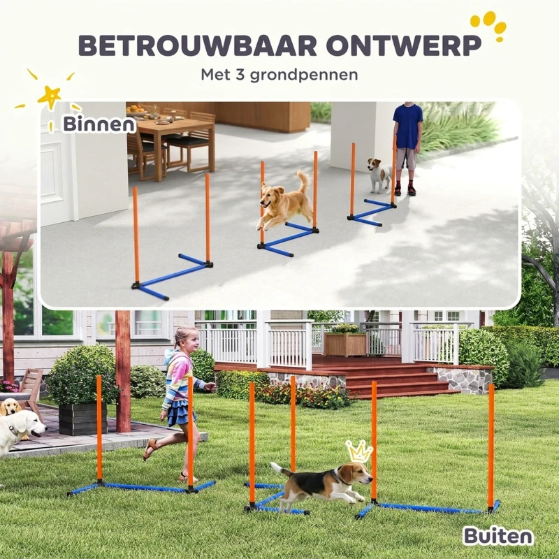 PawHut Agility-set voor honden 3-delige agilityuitrusting met slalomstokken draagtas trainingsset voor alle hondenmaten Oranje