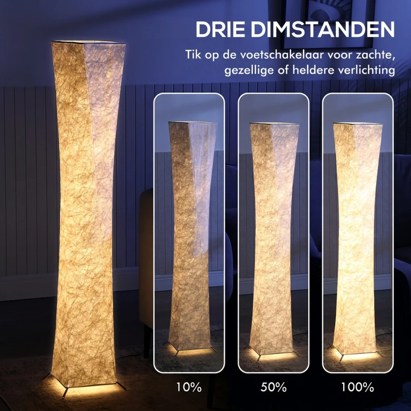 HOMCOM Vloerlamp met papierscherm, voetschakelaar, 3 lichtstanden, wit