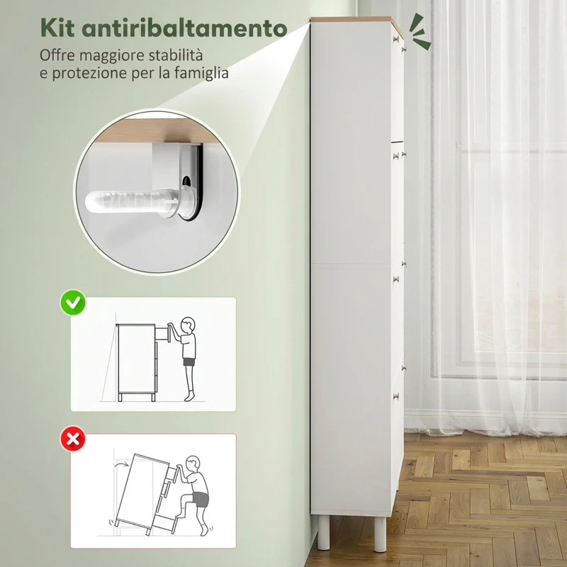 HOMCOM Scarpiera Slim con 4 Cassetti Ribaltabili e Ripiani Regolabili per 24-32 Scarpe, 80x23.5x157 cm, Bianco