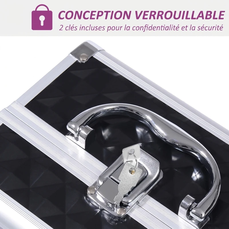 HOMCOM Mallette à maquillage rangement à 3 niveaux avec miroir verrouillage avec 2 clés dim. 20L x 15l x 15H cm noir