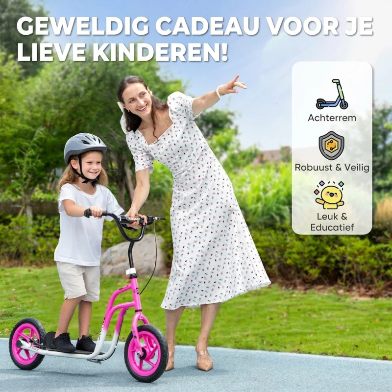 AIYAPLAY Kinderroller met verstelbaar stuur, grote wielen, parkeerstandaard, handrem, voor kinderen van 5-12 jaar, Roze(m-7)