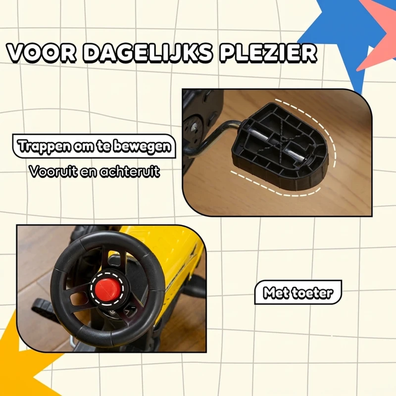 HOMCOM Pedaaltractor met aanhanger, gereedschap, claxon, voor kinderen van 3 jaar en ouder, metalen frame, zwart/geel, 133 x 42 x 51 cm(m-6)