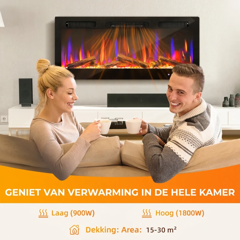 HOMCOM Elektrische haard, wandmontage, instelbare vlammen, thermostaat, timer, staal, zwart(m-7)