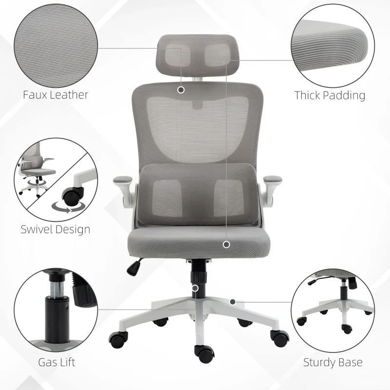 Vinsetto Bureaustoel, in hoogte verstelbaar, kantelbare rugleuning, verstelbare hoofdsteun, tot 120 kg, 60x59x114-122 cm, Grijs(m-8)