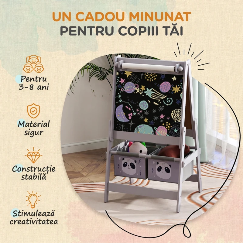 AIYAPLAY Tablă pentru Copii 3-În-1 cu 2 Rafturi și Șevalet din Lemn pentru Copii de 3-8 Ani, 54x46,5x93 cm, Roz
