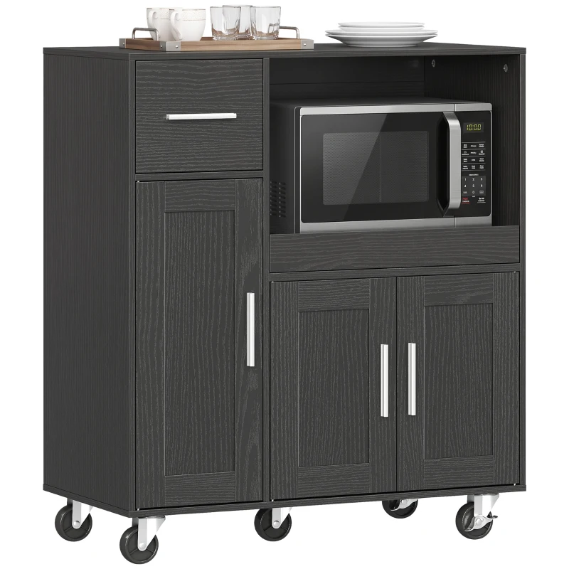 HOMCOM Mueble para Microondas de Madera con Cajón, 2 Armarios, Estante Abierto y Bandeja Regulable, 80x40x88.7 cm, Negro