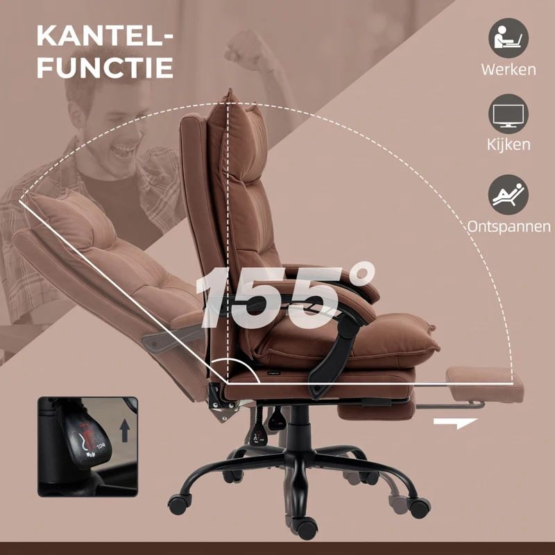 Vinsetto Bureaustoel met Massage- en Verwarmingsfunctie, Voetensteun, Verstelbaar, tot 120 kg, Bruin(m-7)