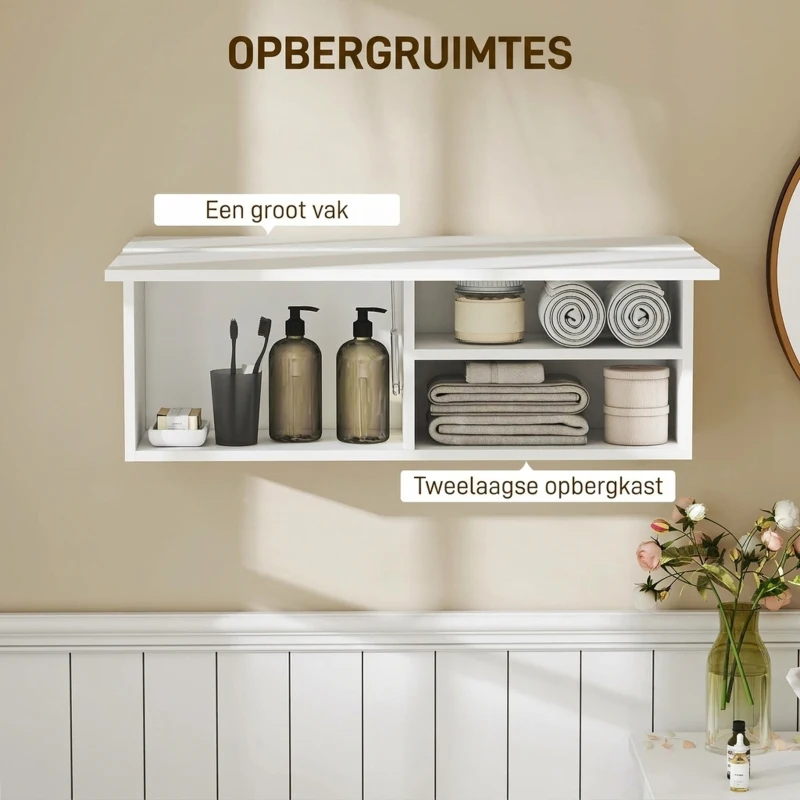 HOMCOM Badkamerkast Hangkast Wandkast met naar boven klappende deur, gasveer, legplank 80 x 25 x 30 cm Wit