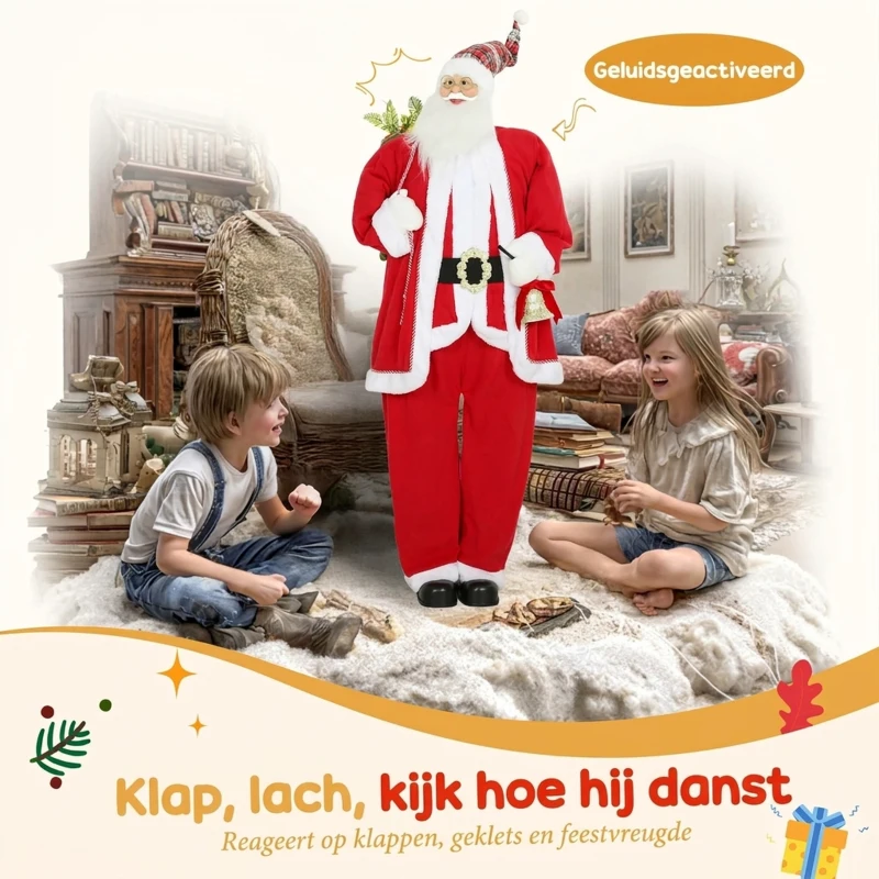 HOMCOM Kerstman 1,6 m staande kerstman met geschenken en kerstglokken Soundfunktion