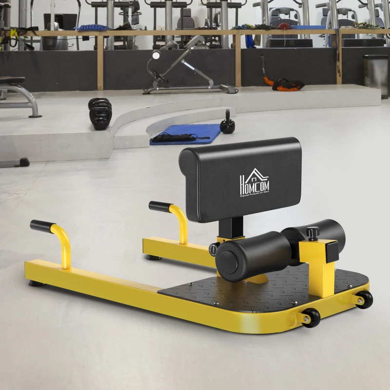 HOMCOM Sissy Squat Kniebeugentrainer Beintrainer Bauch-Gesäß-Trainer 3 in 1 Trainer verstellbar bis 120 kg Stahl Gelb+Schwarz 50 x 97 x (44,5–56,5) cm
