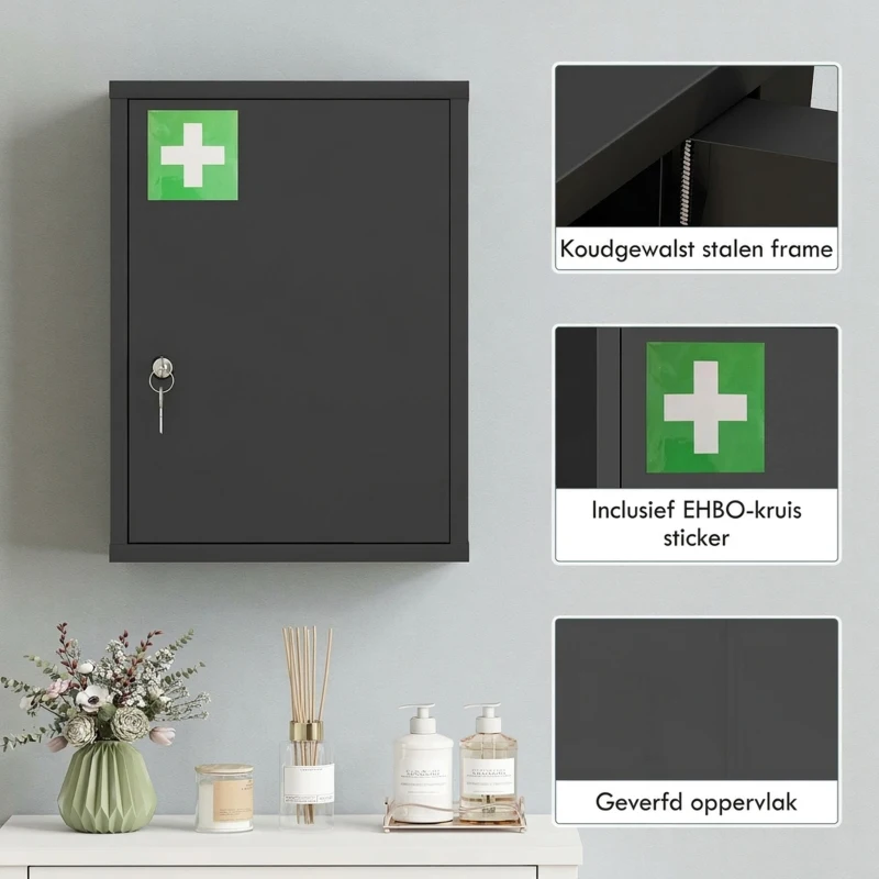 kleankin Medicijnkast voor wandmontage met slot, 3-niveaus stalen wandkast, 40 x 15 x 53,5 cm, Zwart