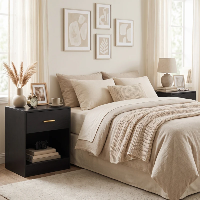 HOMCOM Set 2 Mesitas Modernas de Madera con Cajón y Balda Abierta, 39x28x41 cm, Negro