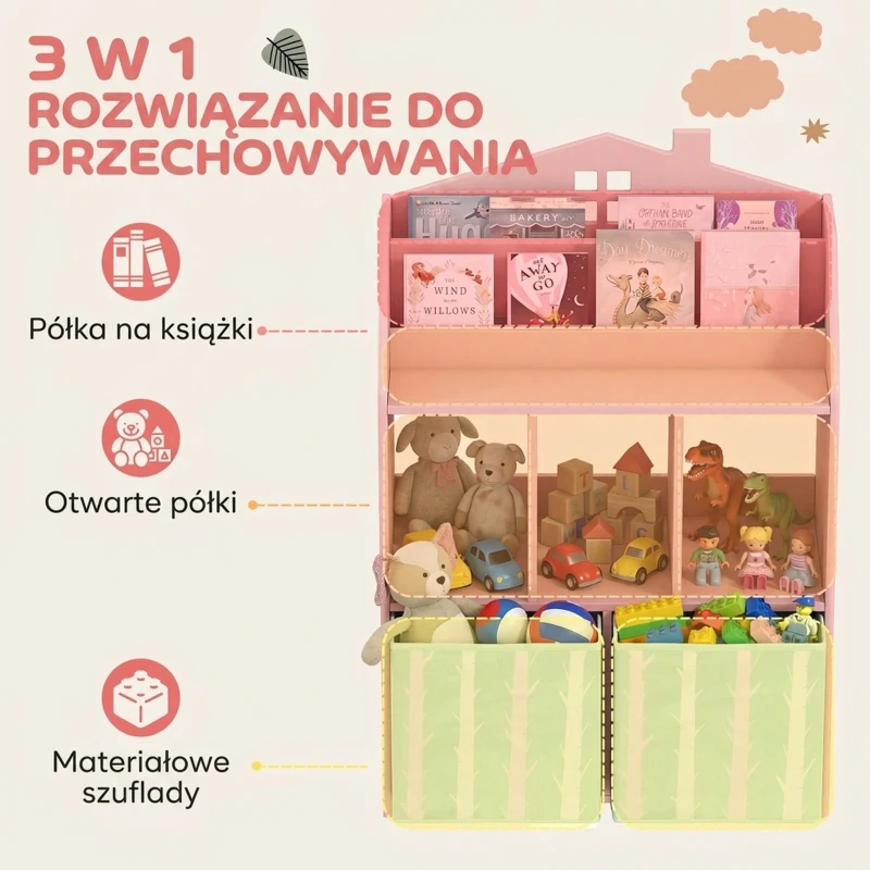 AIYAPLAY Regał dziecięcy na książki i zabawki z 2 materiałowymi szufladami, dla dzieci 3-8 lat, różowy, 62,5x30x91,5 cm