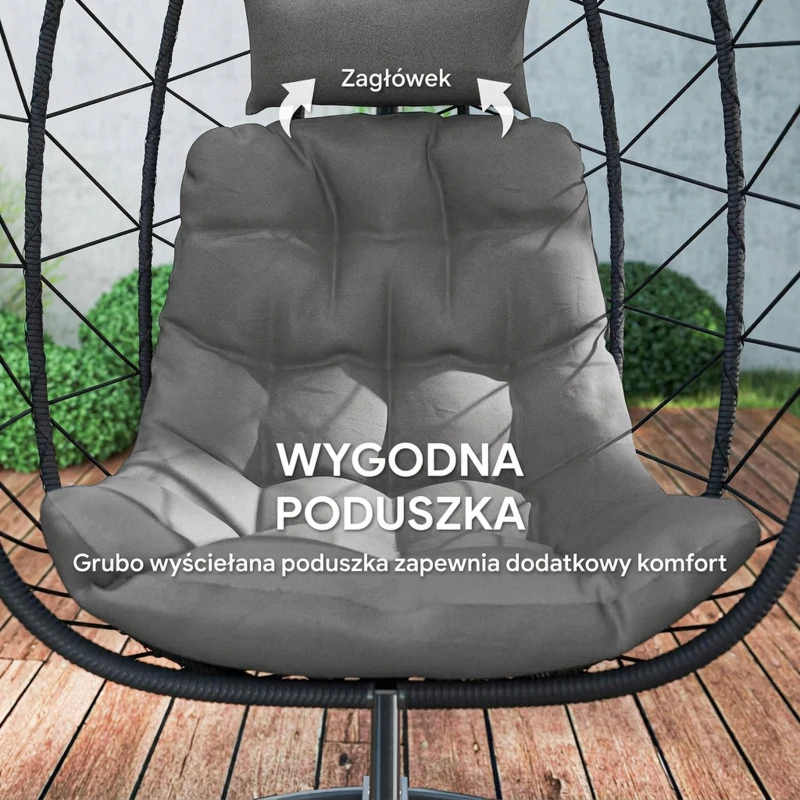 Outsunny Fotel wiszący zewnętrzny Fotel wiszący Egg Chair, odporny na warunki atmosferyczne, w tym poduszki, 102 cm x 102 cm x 195 cm, Ciemnoszary