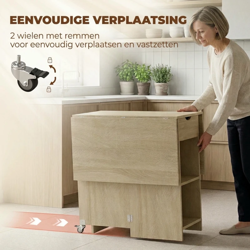 HOMCOM Opvouwbare eettafel voor 2-4 personen, verrijdbare tafel met open vak en lade, ideaal voor kleine ruimtes, natuur