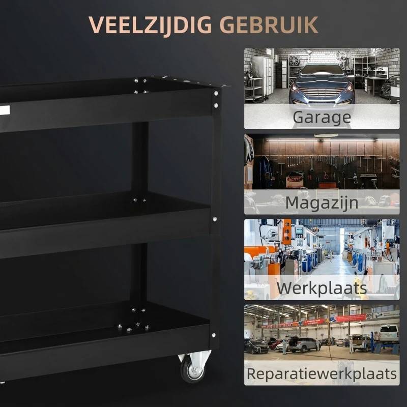 DURHAND 3-laags Gereedschapswagen, 4 Wielen, Staal, 83B x 35,3D x 76H cm, Zwart